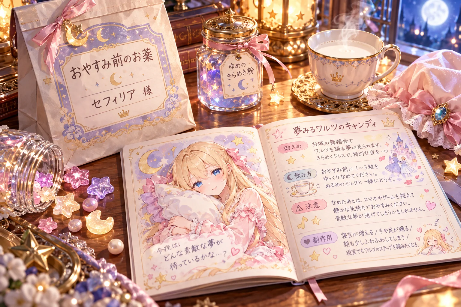 名前「セフィリア／Sefiria」・見たい夢「お城の舞踏会でワルツを踊る夢」（テーマカラー・服・背景・ポーズは空欄＝おまかせ）