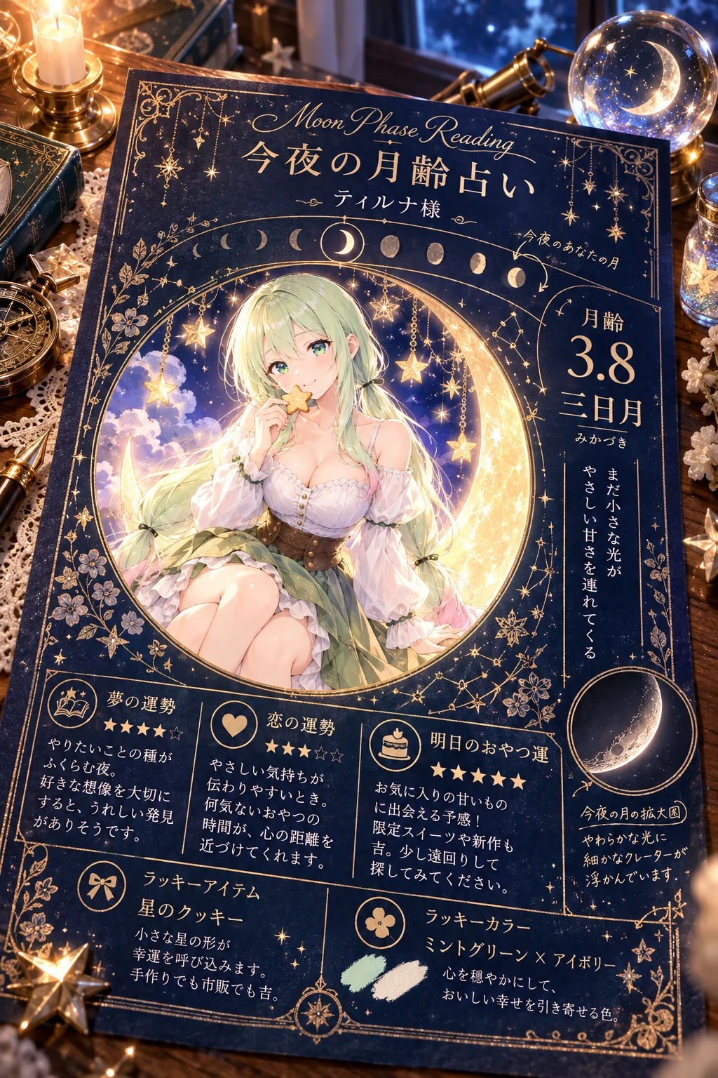 名前「ティルナ／Tiruna」・占ってほしいこと「明日のおやつ運」・ポーズ「三日月に腰かけて、星の形のクッキーをかじる」（テーマカラー・服・背景は空欄）