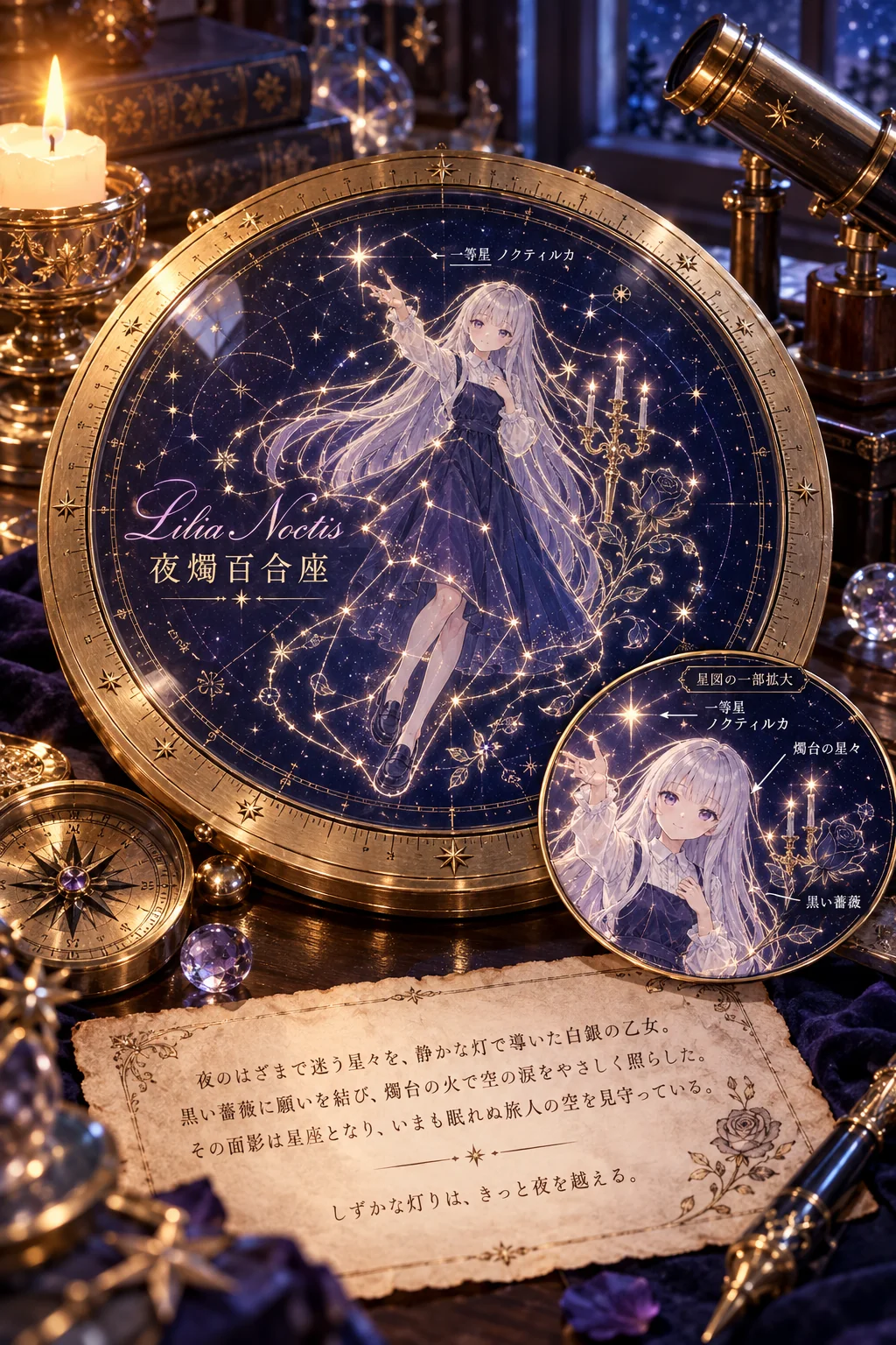 名前「リリア・ノワール／Lilia Noir」・星座のもとになる持ち物や仕草「燭台と黒いバラ」（テーマカラー・服・背景・ポーズは空欄）。絵の中の「Lilia Noctis」は名前のつづりではなく、AIがつけた星座の名前（夜のユリ）です