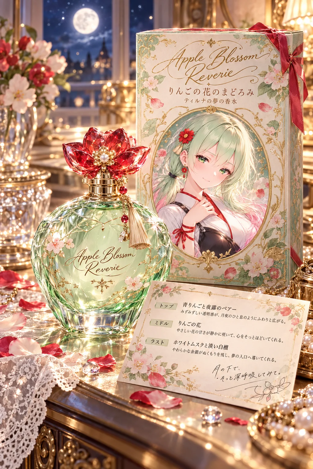 名前「ティルナ」・好きな香り・花「りんごの花」（テーマカラー・服・背景・ポーズは空欄）