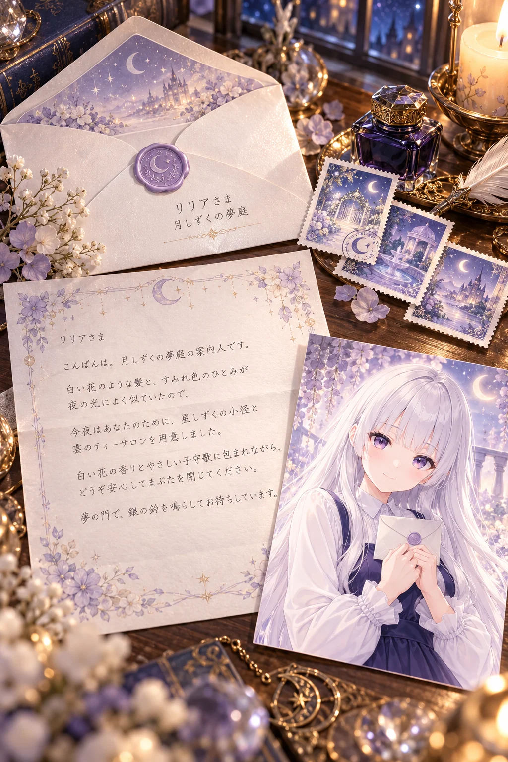 名前「リリア」（テーマカラー・服・背景・ポーズは空欄）＝夢の国は「月しずくの夢庭」、手紙は星しずくの小径と雲のティーサロンへの招待