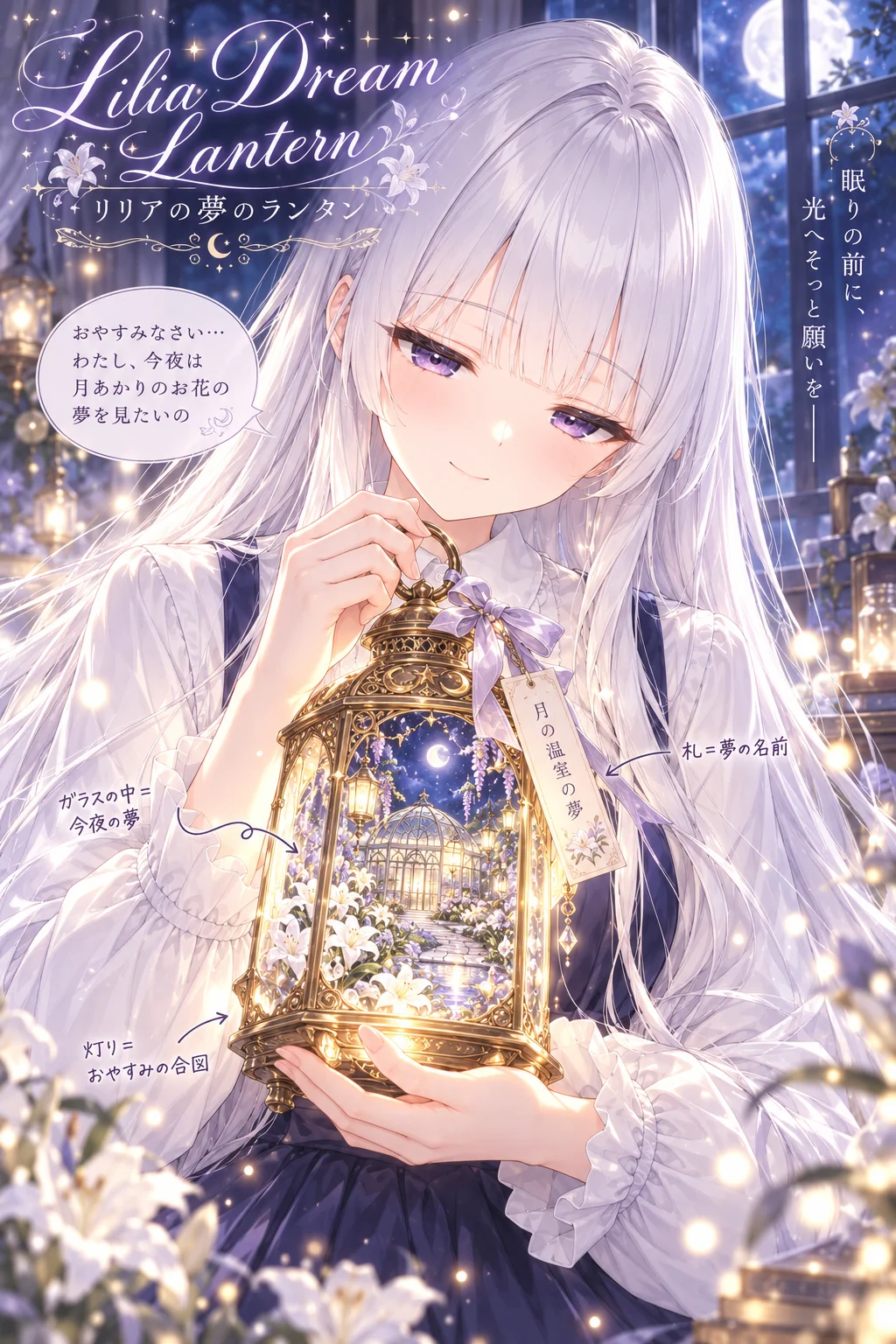 名前「リリア」だけ（ほかの欄は空欄）＝夢の名前は「月の温室の夢」。ガラスの中に月夜の白い花の温室、吹き出しは「おやすみなさい…わたし、今夜は月あかりのお花の夢を見たいの」。注釈の「札＝夢の名前」「灯り＝おやすみの合図」もAIが考えました
