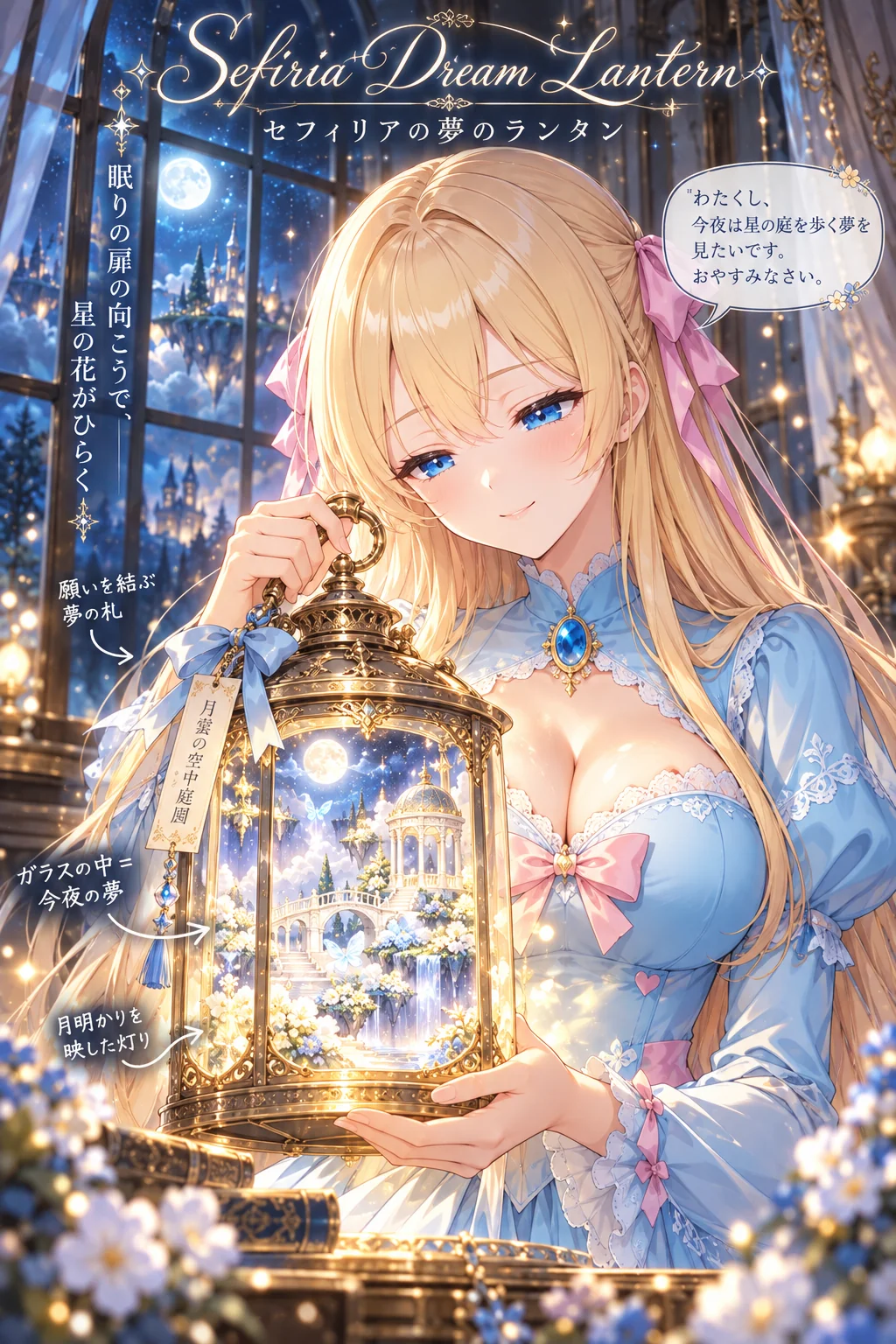 名前「セフィリア」・テーマカラー「淡い水色と金」・ポーズ・追加の指示「ロゴのローマ字は「Sefiria」と書く。吹き出しは一人称「わたくし」で、語尾に「わ」を付けないやさしい丁寧語に」（服・背景は空欄）＝夢の名前は「月雲の空中庭園」。カタカナだけの名前だとロゴの綴りが思っていたものと違ったので、欄で綴りと口調を決めました