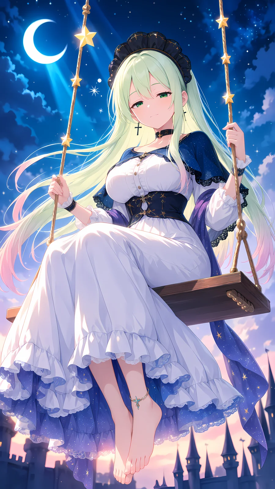 同じプロンプトをティルナの LoRA で。星の飾りのついたロープを片手で持って、夕焼けの残る空でのんびり