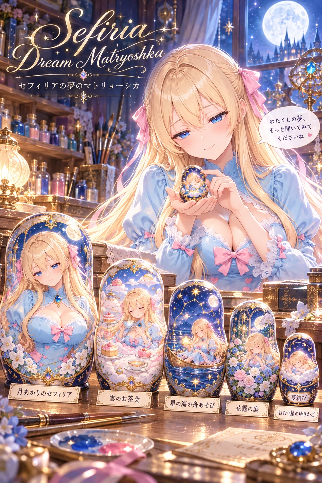 名前「セフィリア」・ポーズ・追加の指示「ロゴのローマ字は「Sefiria」と書く。吹き出しは一人称「わたくし」で、語尾に「わ」を付けないやさしい丁寧語に」(ほかの欄は空欄)=夢の名前は「月あかりのセフィリア」「雲のお茶会」「星の海の舟あそび」「花露の庭」「ねむり星のゆりかご」。吹き出しは「わたくしの夢、そっと開いてみてくださいね」