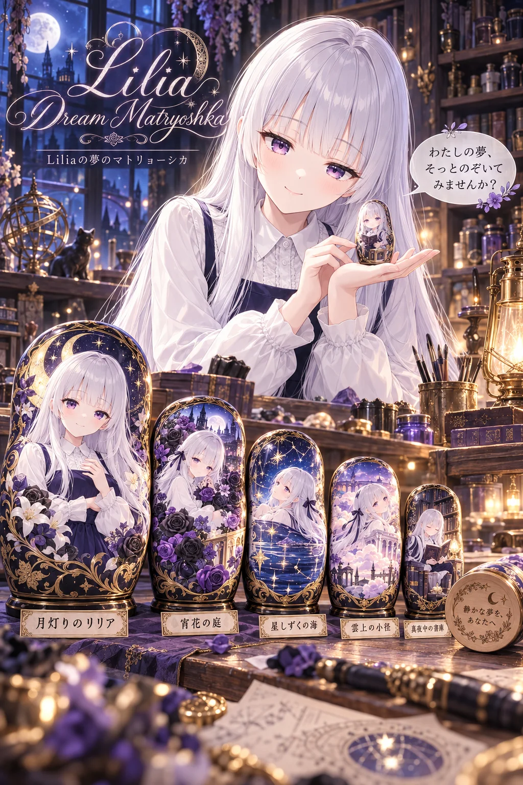 名前「Lilia」・テーマカラー「黒と深い紫」・ポーズ・追加の指示「吹き出しは一人称「わたし」で、落ち着いた丁寧語に」(服・背景は空欄)=絵付けが黒と紫のばらに。夢の名前は「月灯りのリリア」「宵花の庭」「星しずくの海」「雲上の小径」「真夜中の書庫」、いちばん小さな人形の銘は「静かな夢を、あなたへ」