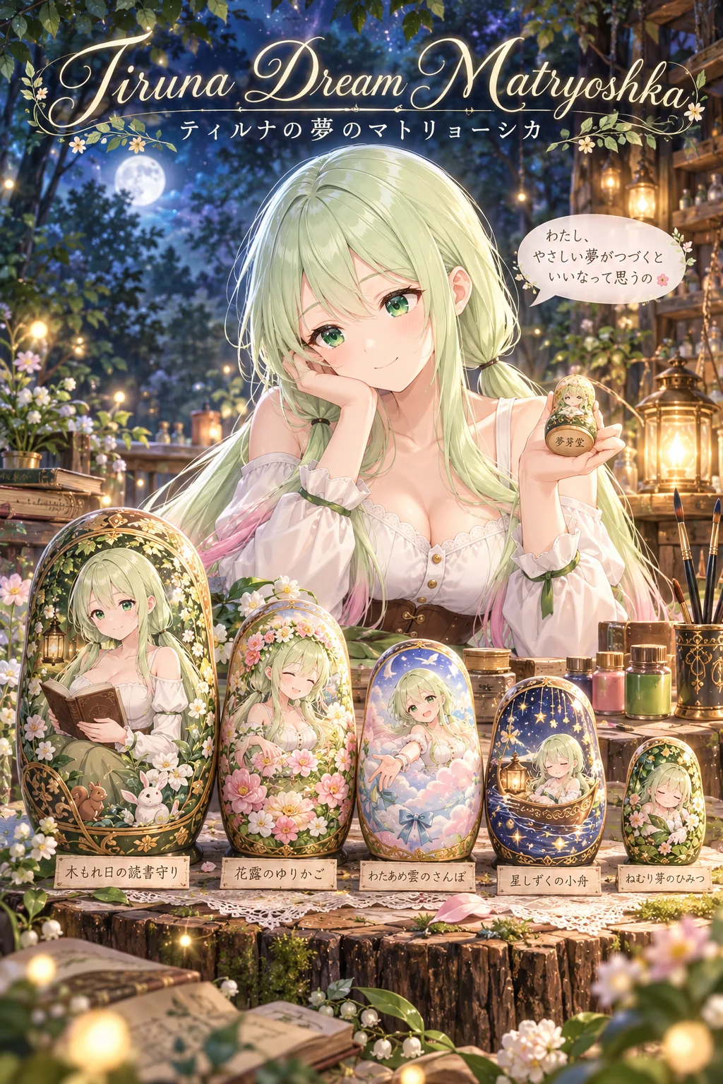 名前「ティルナ」・背景「木もれ日の森の中の、大きな切り株のテーブル」・ポーズ・追加の指示「吹き出しは「わたし」で、やわらかい素直な話し方に」(ほかの欄は空欄)=工房が夜の森の切り株のテーブルに変わり、ロゴの綴りはAIが「Tiruna」と考えました。夢の名前は「木もれ日の読書守り」「花露のゆりかご」「わたあめ雲のさんぽ」「星しずくの小舟」「ねむり芽のひみつ」