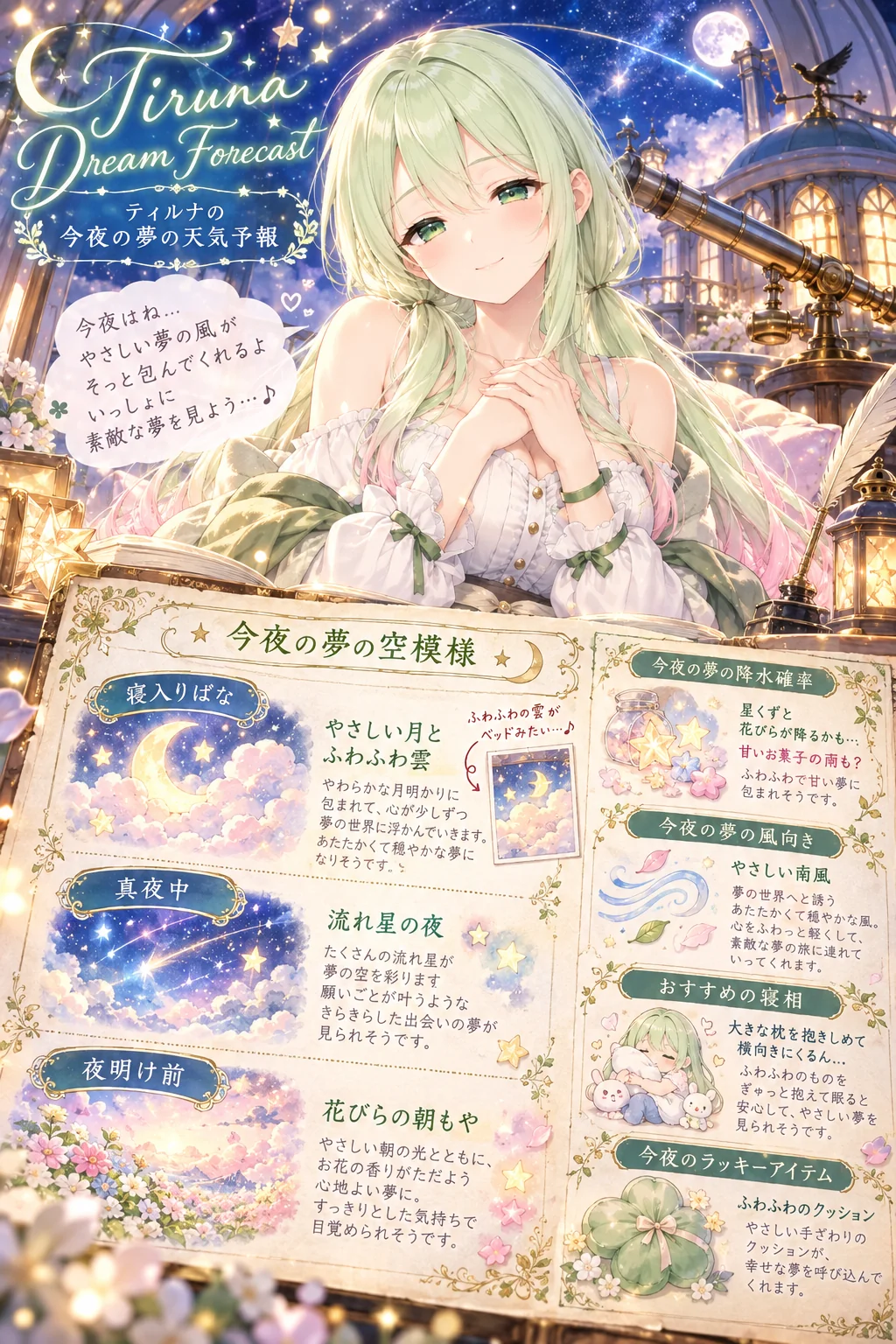 名前「ティルナ」だけ（ほかの欄は空欄）＝寝入りばなは「やさしい月とふわふわ雲」、真夜中は「流れ星の夜」、夜明け前は「花びらの朝もや」。降水確率は「星くずと花びらが降るかも……甘いお菓子の雨も？」、ラッキーアイテムは「ふわふわのクッション」