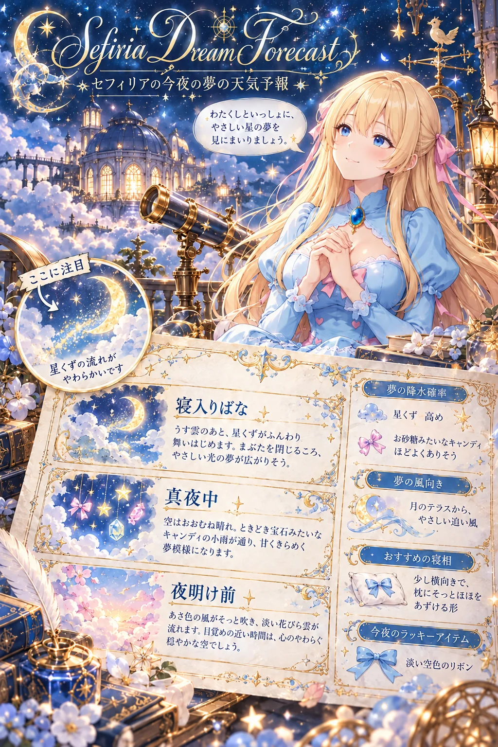 名前「Sefiria」・テーマカラー「金色と空色」・ポーズ・追加の指示「吹き出しは一人称「わたくし」で、語尾に「わ」を付けないやさしい丁寧語に」（服・背景は空欄）＝ロゴも見出しも金と空色に。真夜中は「宝石みたいなキャンディの小雨」、風向きは「月のテラスから、やさしい追い風」。吹き出しは「わたくしといっしょに、やさしい星の夢を見にまいりましょう」
