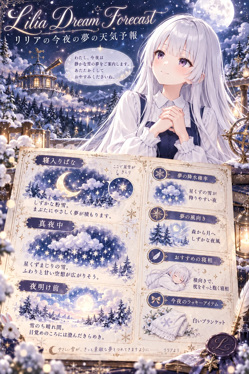 名前「リリア」・背景「雪の降る夜の森の上の空」・ポーズ・追加の指示「夢の天気のテーマは雪。吹き出しは一人称「わたし」で、落ち着いた丁寧語に」（ほかの欄は空欄）＝気象台が雪の森の上に。寝入りばなは「しずかな粉雪」、夜明け前は「雪のち晴れ間」、ラッキーアイテムは「白いブランケット」。いちばん下に「リリアより」のひとことまで