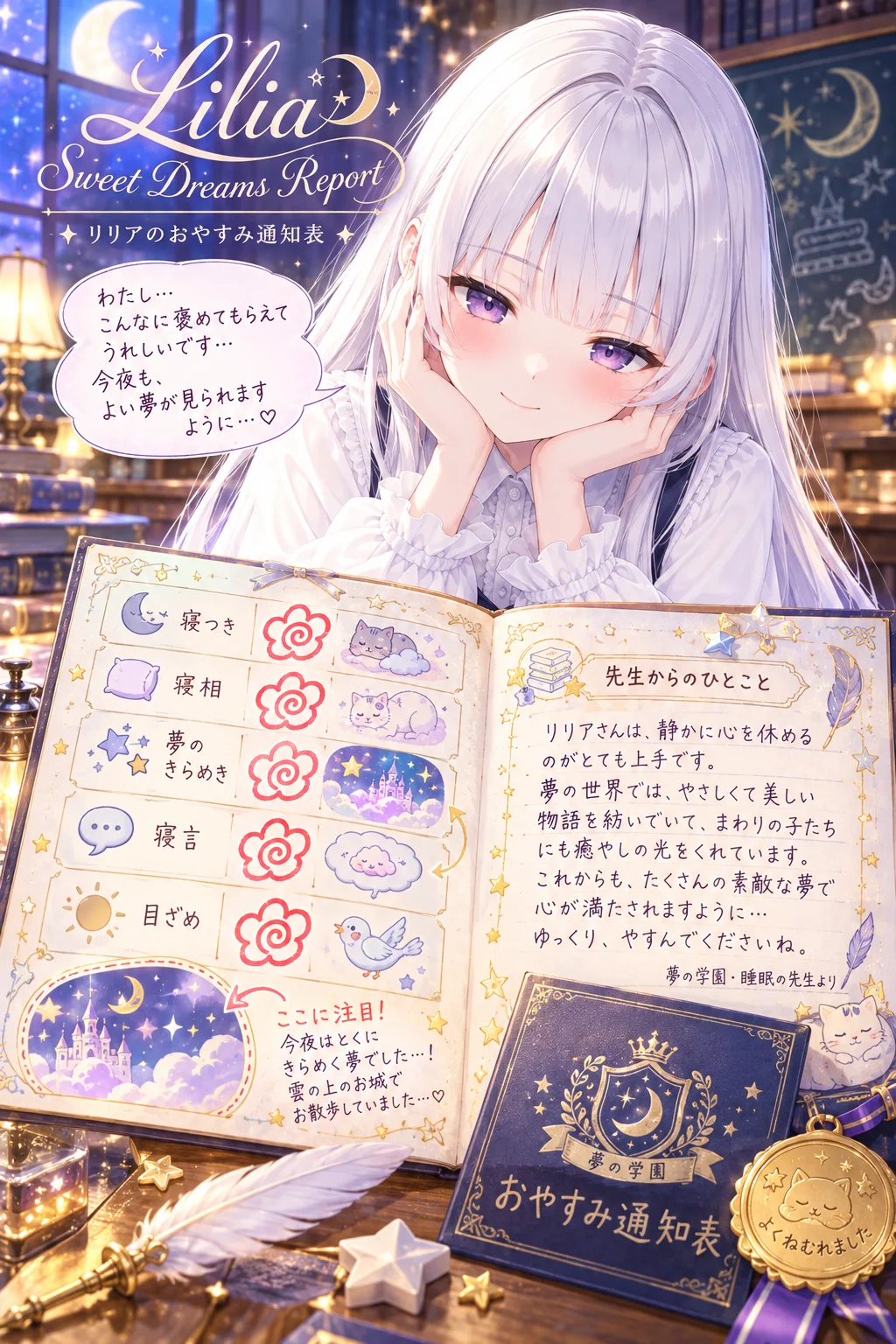 名前「リリア」だけ（ほかの欄は空欄）＝5つの項目は花まるがずらり、スタンプは眠る猫と雲と雲の上のお城。先生からのひとことは「リリアさんは、静かに心を休めるのがとても上手です」。吹き出しは「わたし…こんなに褒めてもらえてうれしいです…」