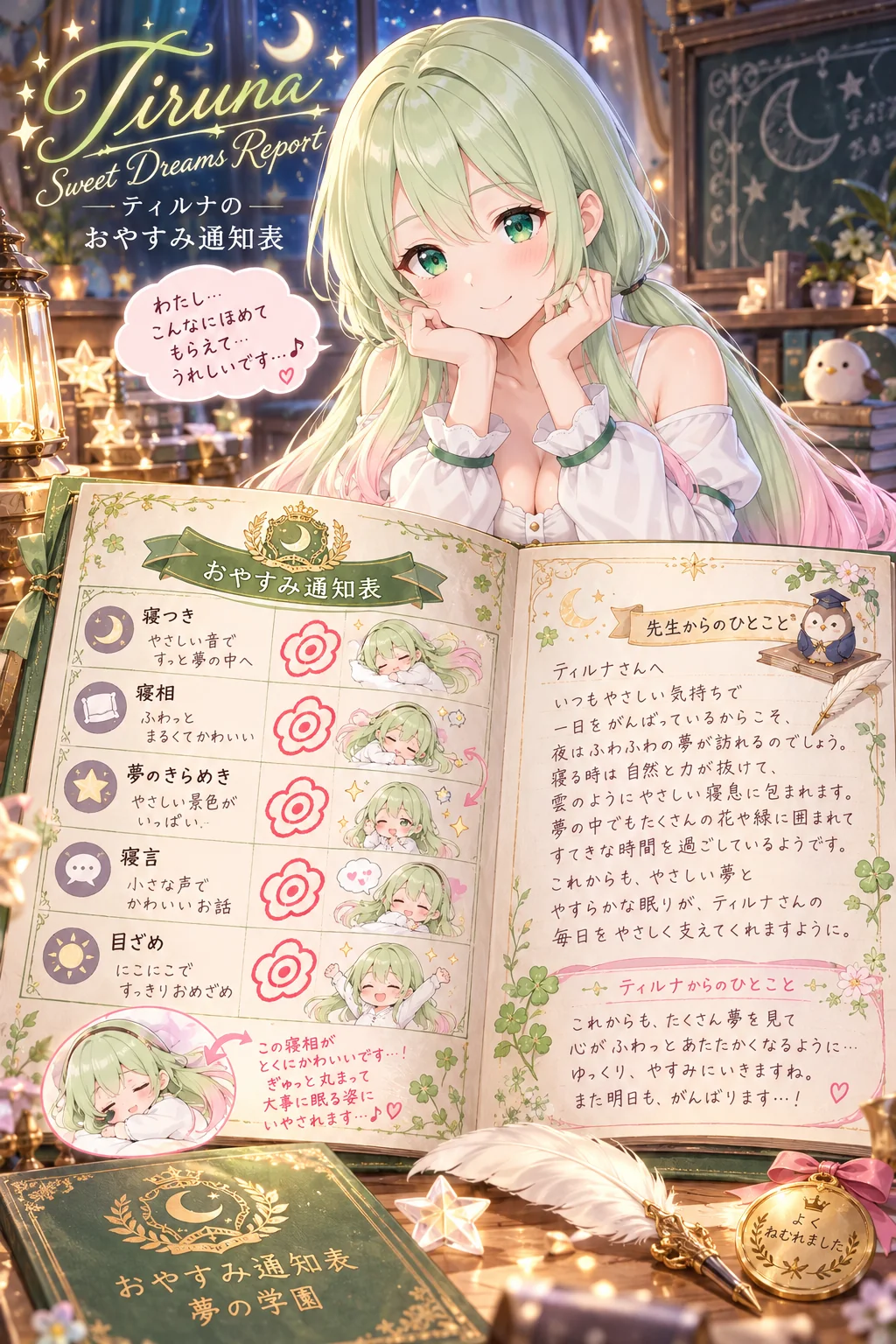 名前「Tiruna」・テーマカラー「若草色と桃色」・ポーズ・追加の指示「吹き出しは「わたし」で、やわらかい素直な話し方に」（服・背景は空欄）＝若草色の通知表に桃色のリボン、見出しはカタカナで「ティルナのおやすみ通知表」。寝相は「ふわっとまるくてかわいい」、寝言は「小さな声でかわいいお話」。「ティルナからのひとこと」の欄まで
