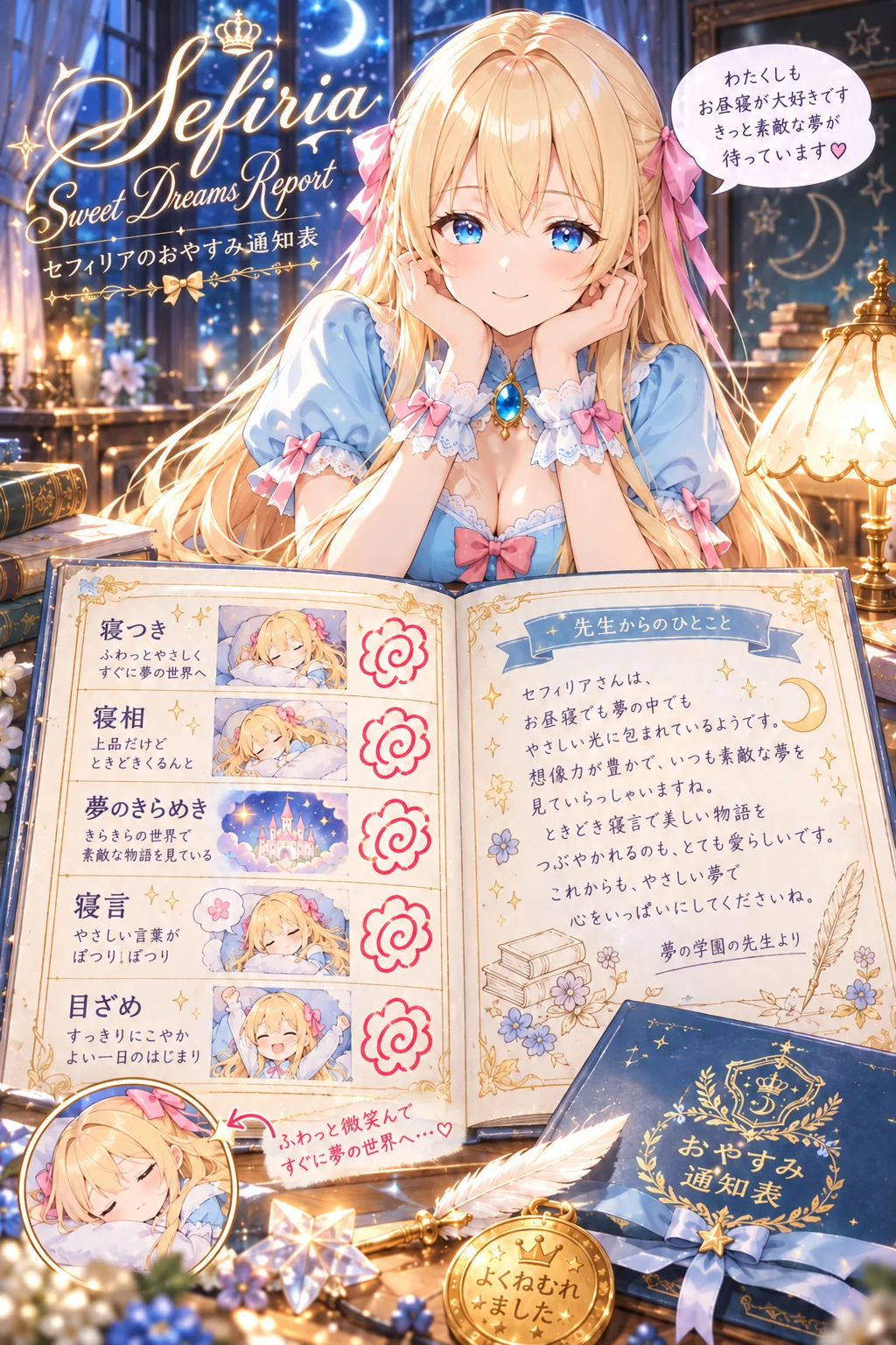 名前「セフィリア」・ポーズ・追加の指示「通知表のテーマはお昼寝の部。吹き出しは一人称「わたくし」で、語尾に「わ」を付けないやさしい丁寧語に」（ほかの欄は空欄）＝寝相は「上品だけど、ときどきくるんと」。先生からは「お昼寝でも夢の中でも、やさしい光に包まれているようです」。吹き出しは「わたくしもお昼寝が大好きです」