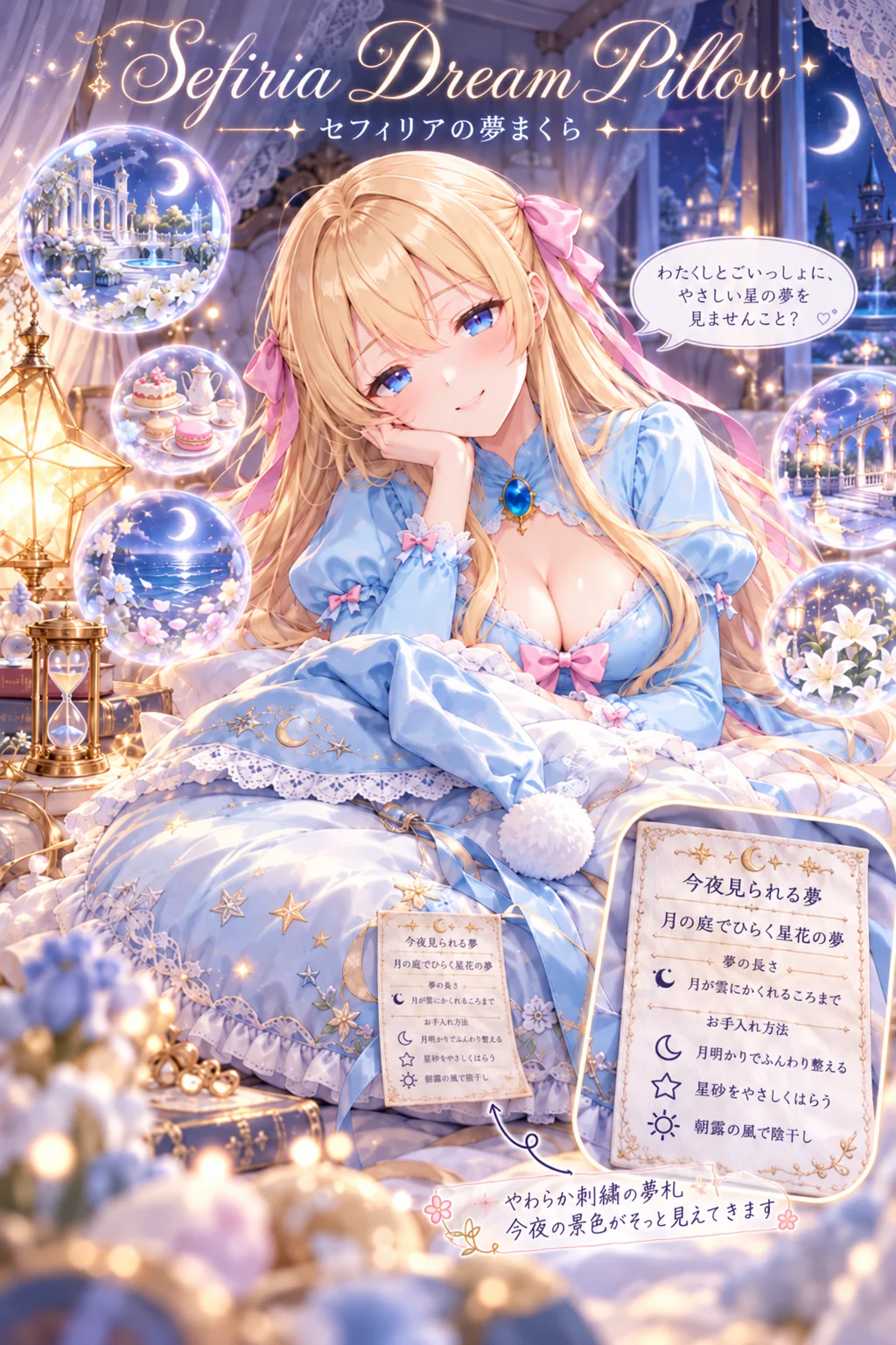 名前「セフィリア」だけ（ほかの欄は空欄）＝今夜見られる夢は「月の庭でひらく星花の夢」、夢の長さは「月が雲にかくれるころまで」。お手入れ方法は「月明かりでふんわり整える」「星砂をやさしくはらう」「朝露の風で陰干し」。水色の枕に、月と星の刺繍とナイトキャップ