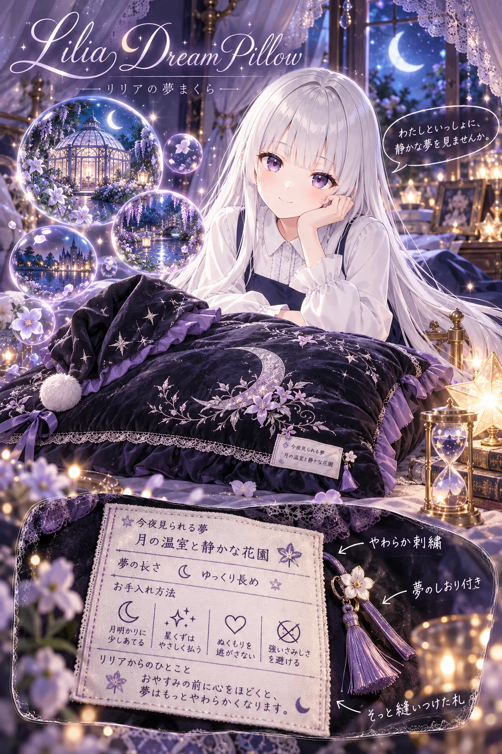名前「Lilia」・テーマカラー「黒と深い紫」・ポーズ・追加の指示「吹き出しは一人称「わたし」で、落ち着いた丁寧語に」（服・背景は空欄）＝黒いベルベットに紫のフリルの枕。夢は「月の温室と静かな花園」、お手入れは「ぬくもりを逃がさない」「強いさみしさを避ける」まで。吹き出しは「わたしといっしょに、静かな夢を見ませんか。」