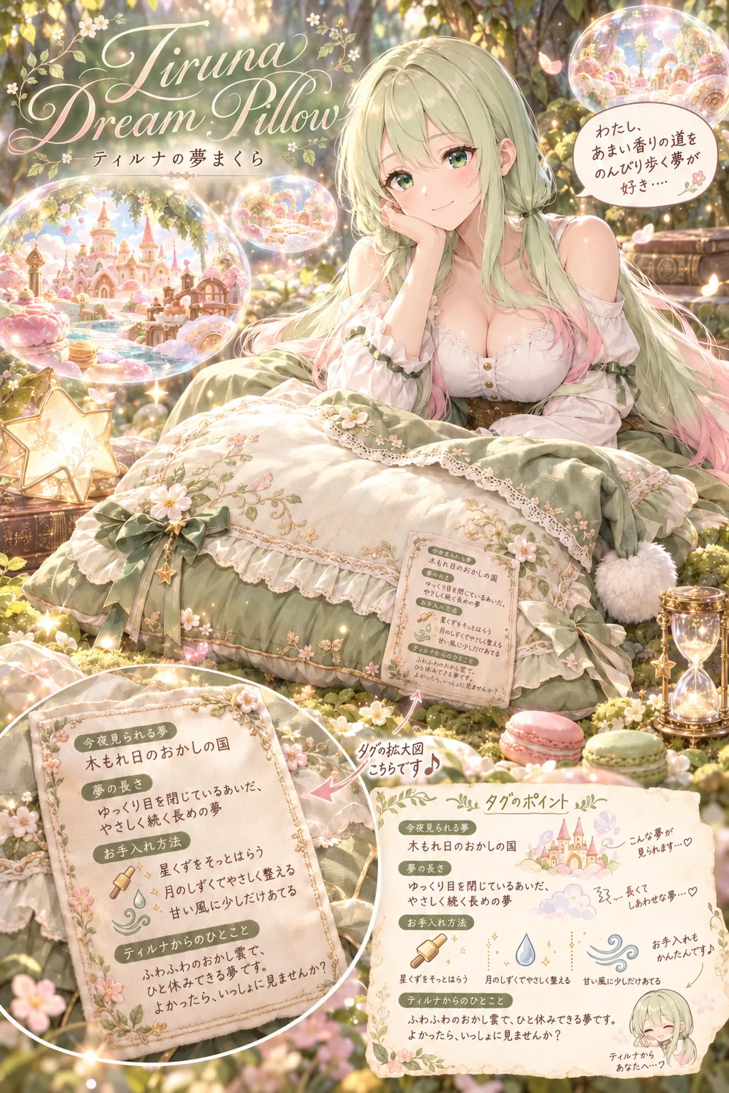 名前「ティルナ」・背景「木もれ日の森の中の、苔のベッド」・ポーズ・追加の指示「夢のテーマはお菓子の国。吹き出しは「わたし」で、やわらかい素直な話し方に」（ほかの欄は空欄）＝寝室が森の苔のベッドに、夢は「木もれ日のおかしの国」。横にマカロンと砂時計、札の拡大図とタグのポイントまで