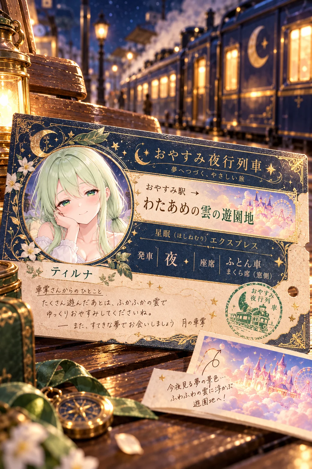 名前「ティルナ」・ポーズ・追加の指示「車掌さんのひとことはやさしく素直に」（ほかの欄は空欄）＝行き先は「わたあめの雲の遊園地」、列車は「星眠（ほしねむり）エクスプレス」、座席は「ふとん車・まくら席（窓側）」。小窓には「今夜見る夢の景色…ふわふわの雲に浮かぶ遊園地へ！」