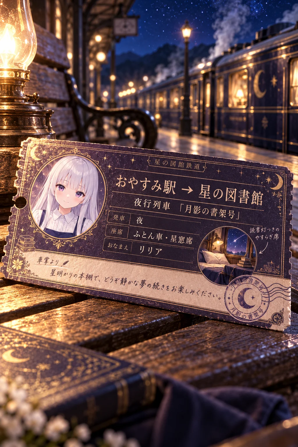 名前「Lilia」・テーマカラー「黒と深い紫」・ポーズ・追加の指示「夢の行き先は星の図書館。車掌さんのひとことは落ち着いた丁寧語に」＝行き先「星の図書館」、列車「月影の書架号」、座席「ふとん車・星窓席」。小窓は読書灯つきのベッド、車掌さんからは「星明かりの本棚で、どうぞ静かな夢の続きをお楽しみください。」
