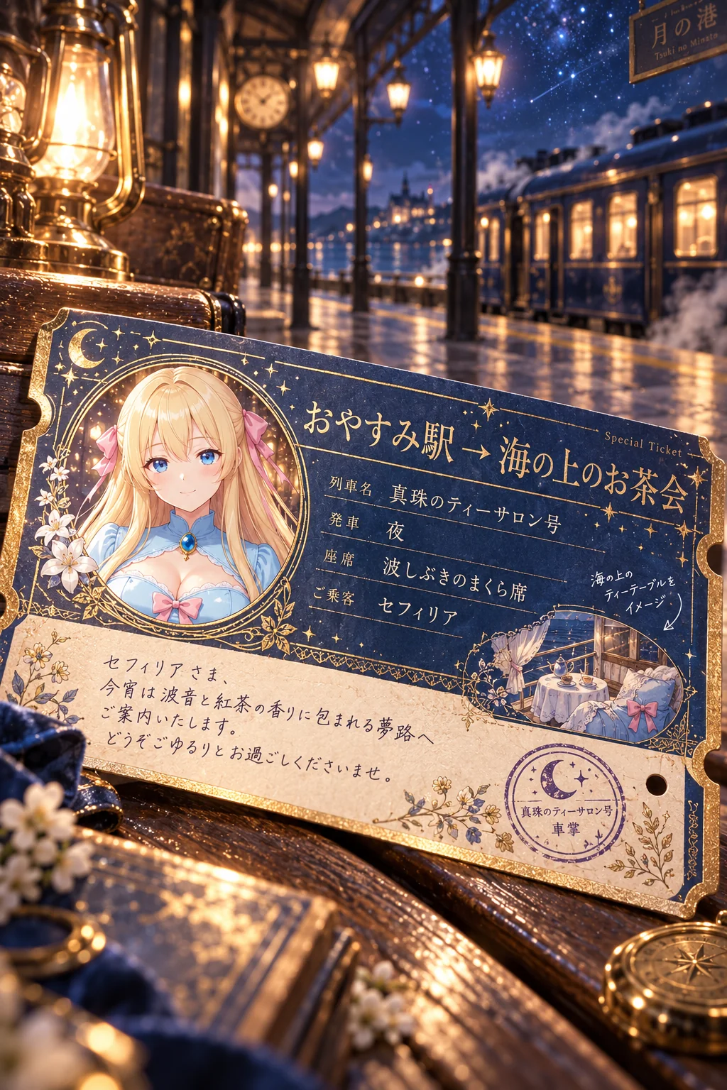 名前「セフィリア」・ポーズ・追加の指示「夢の行き先は海の上のお茶会。車掌さんのひとことは上品な丁寧語に」＝行き先「海の上のお茶会」、列車「真珠のティーサロン号」、座席「波しぶきのまくら席」。駅の看板は「月の港」、小窓には海の上のティーテーブル