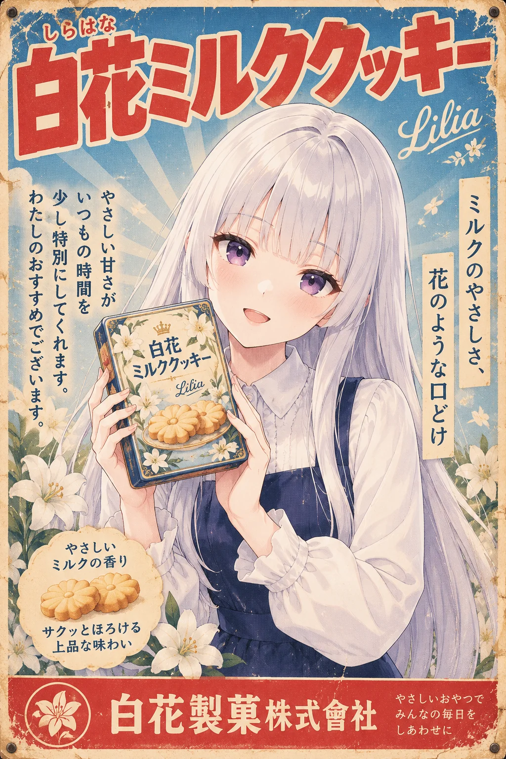 名前「リリア（Lilia）」・ポーズ・追加の指示「セリフは静かで落ち着いた丁寧語で、一人称は「わたし」」＝売るものはおまかせで「白花（しらはな）ミルククッキー」。花の形のクッキーの缶を両手で持って、キャッチコピーは「ミルクのやさしさ、花のような口どけ」、縦書きの説明は「やさしい甘さが いつもの時間を少し特別にしてくれます。わたしのおすすめでございます。」。会社の名前は昔の字の「白花製菓株式會社」