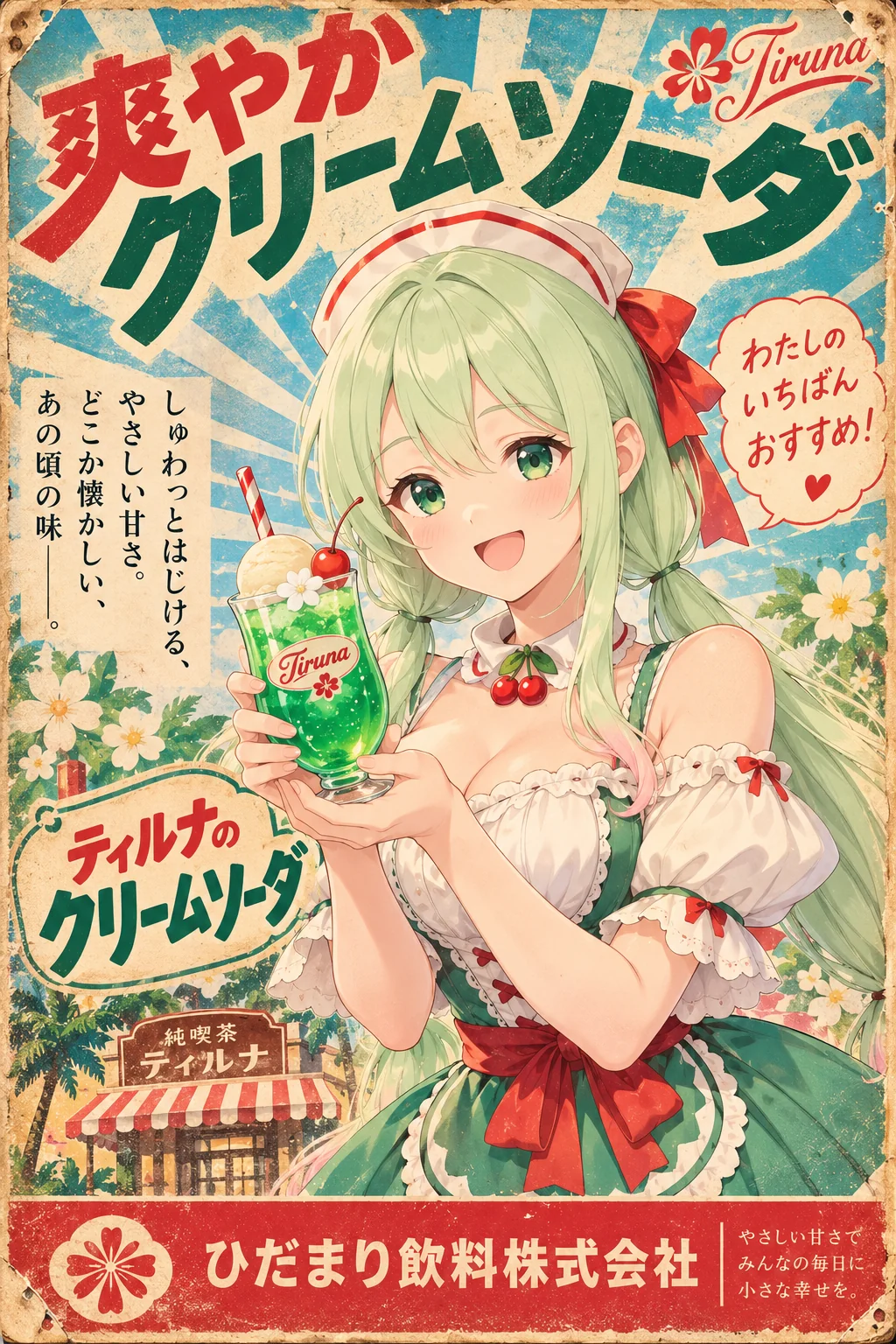 名前「ティルナ（Tiruna）」・テーマカラー「クリームソーダの緑と赤」・ポーズ・追加の指示「セリフは素直で元気な話し方で、一人称は「わたし」。敬語にしない」＝ポスターの地の色とキャッチコピーが、クリームソーダの緑と赤に。売るものはおまかせで「ティルナのクリームソーダ」、看板娘は喫茶店の白い帽子と緑のエプロンドレス。キャッチコピーは「爽やかクリームソーダ」、縦書きの説明は「しゅわっとはじける、やさしい甘さ。どこか懐かしい、あの頃の味──。」、吹き出しは「わたしの いちばん おすすめ！」。会社の名前は「ひだまり飲料株式会社」