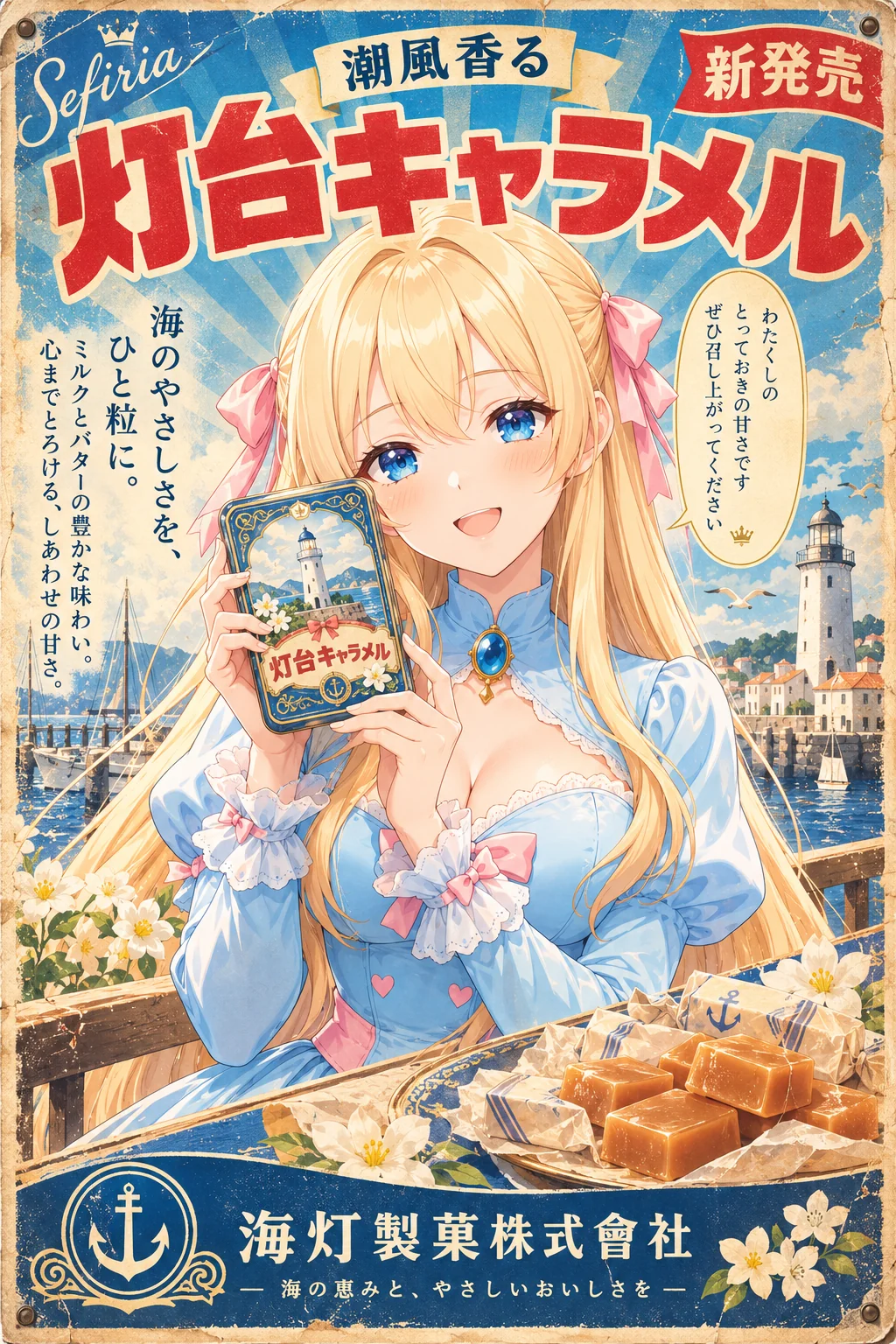 名前「セフィリア（Sefiria）」・背景「港町の灯台と青い海」・ポーズ・追加の指示「売るものはキャラメル。セリフはお姫さまらしい上品な丁寧語で、一人称は「わたくし」。語尾に「ですわ」「ますわ」は使わない」＝奥に白い灯台と港の帆船、かもめ。品の名前は「灯台キャラメル」で、灯台の絵の缶を両手で掲げています。キャッチコピーは「潮風香る」、縦書きの説明は「海のやさしさを、ひと粒に。」、吹き出しは「わたくしの とっておきの甘さです」。会社の名前は「海灯製菓株式會社」